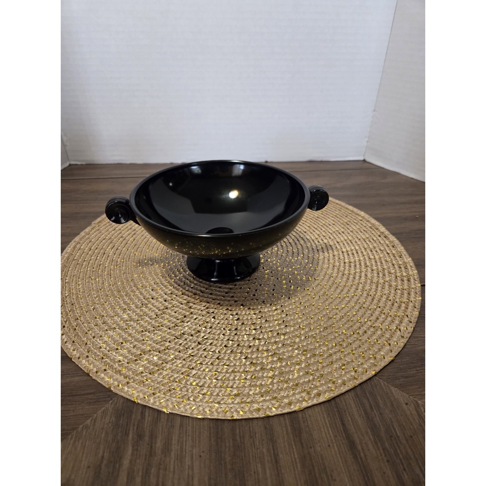 Art Deco black amethyst glass footed compote or bowl with scroll handles